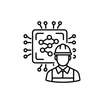 Artificial intelligence engineer profession icon black and white vector illustration of AI engineer profession with neural network and worker in hard hat