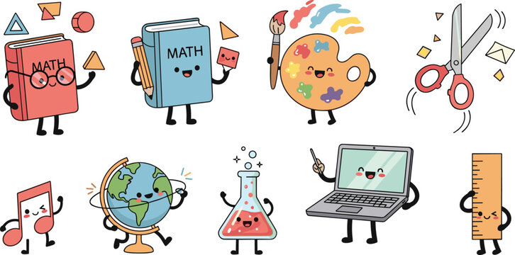 Cute school supplies character vector set featuring math book globe paint palette scissors laptop and classroom learning elements illustration