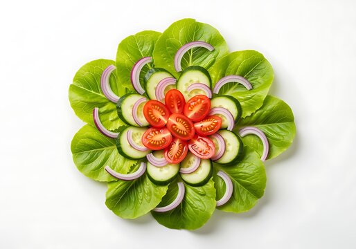 Fresh vegetable salad with lettuce cucumber tomato and onion slices arranged in a flower pattern on a white surface