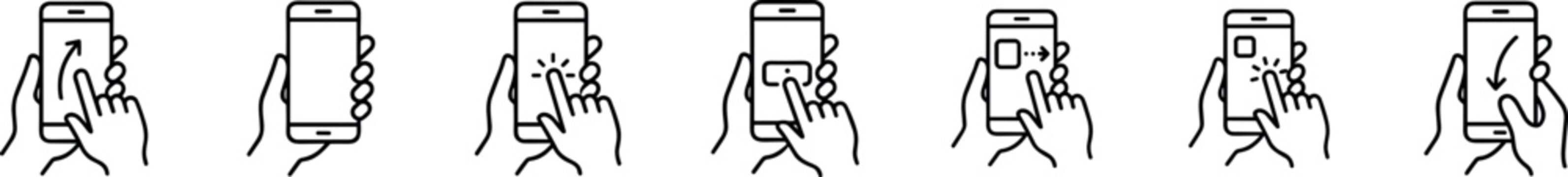 mobile touch gesture icons set, smartphone screen hand swipe tap scroll drag click interaction interface control and navigation vector line outline icon collection on transparent background