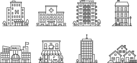 city building and architecture line icons set, house home apartment hospital office store mall cafe skyscraper and residential property vector outline icon collection on transparent background © Yurii