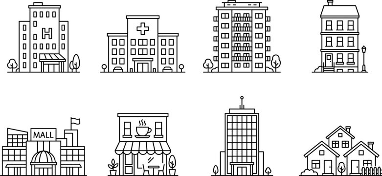 city building and architecture line icons set, house home apartment hospital office store mall cafe skyscraper and residential property vector outline icon collection on transparent background