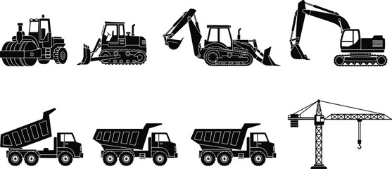 Set of construction machinery silhouettes including excavator bulldozer loader dump trucks and tower crane isolated on white background for industrial engineering and building concepts © MdHasanAli