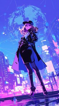 Vibrant City Pop Finance, a confident female professional stands before a glowing global financial network map, showcasing fintech innovation with bold outlines and a cool neon palette.