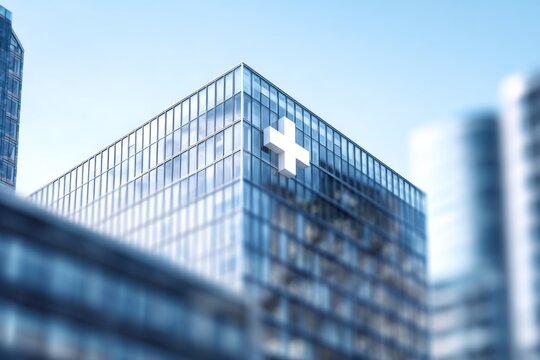 Modern glass facade of a medical facility features a prominent white cross emblem against a bright sky