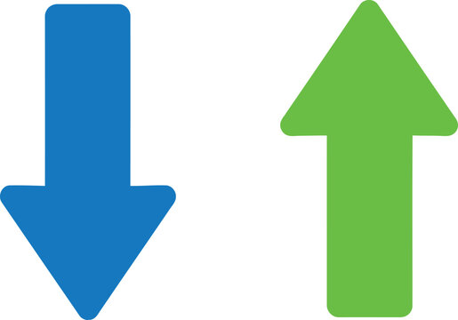 Blue down arrow and green up arrow isolated on white background representing growth and decline. Vector