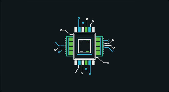 Colorful schematic of a central processing unit with electronic connections