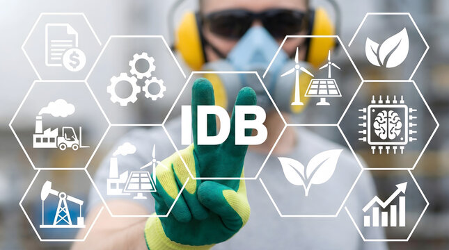 A worker in safety gear points at abstract industrial technology and sustainable energy ic