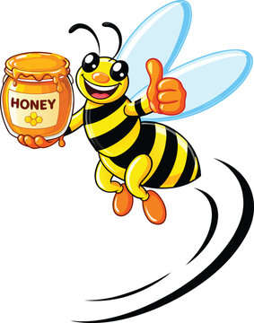 Happy cartoon bee flying with honey jar and thumbs up isolated vector on white background