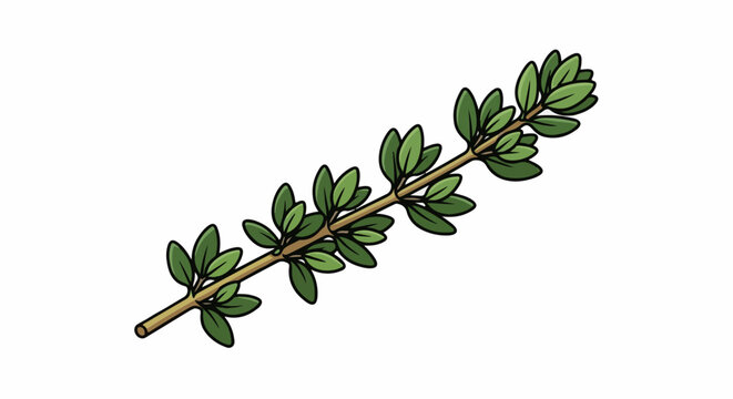 Cartoon illustration of a fresh green thyme sprig with small oval leaves