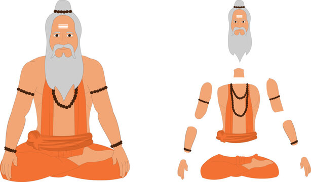 Indian Sadhu Character Design for Animation with Separated Body Parts - South Asian Rishi Saint or Monk in Saffron Robe for Yoga Infographics and Cartoon Content