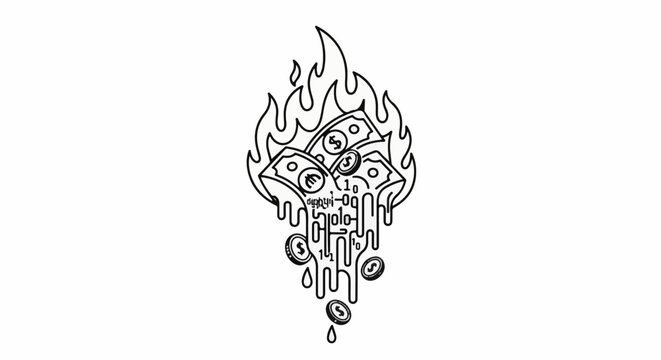 Burning money melting into digital code and coins, graphic design
