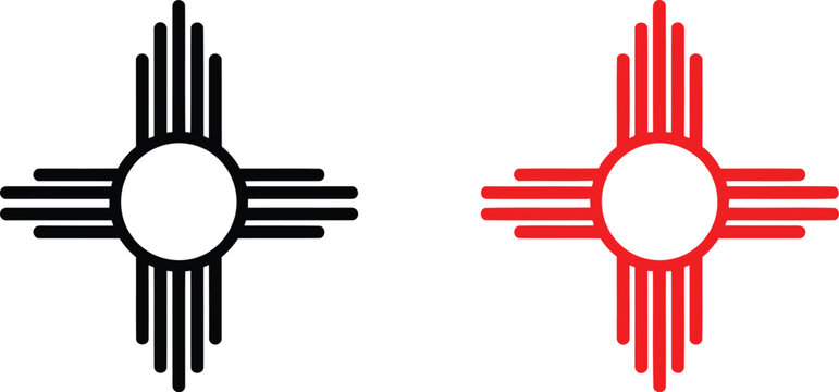 Vector illustration of the traditional zia sun symbol in black and red line art style. Vector