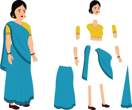 Indian Mother Character Design for Animation with Separated Body Parts - South Asian Woman in Blue Saree and Yellow Blouse for Infographics and Cartoon Content