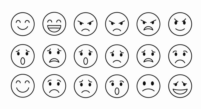 Diverse collection of simple, black-outlined emoji faces expressing various emotions