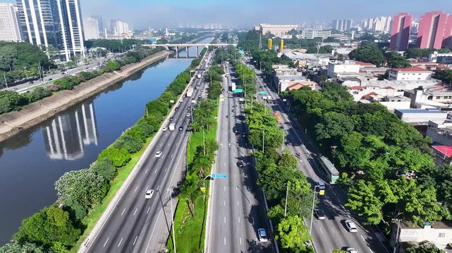 Sao Paulo Skyline In Sao Paulo Brazil. Breathtaking Aerial View Of Busy Traffic In A Freeway Road. Town Sky Background Backgrounds Urban. Town Drone View Downtown Panoramic. Sao Paulo Brazil.