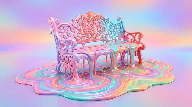 Surreal gradient plastic melting a bench 