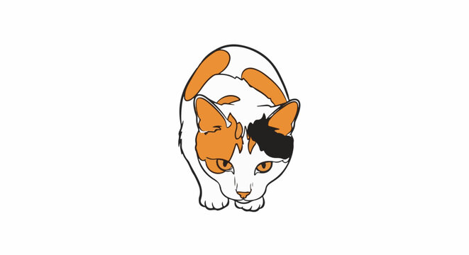 Stylized calico cat with orange, black, and white patches, crouched low