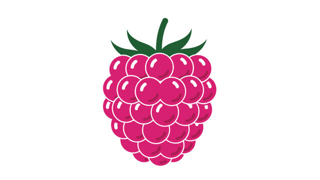 Colorful stylized illustration of a single bright pink raspberry with green leaves and stems isolated on a clean white background.