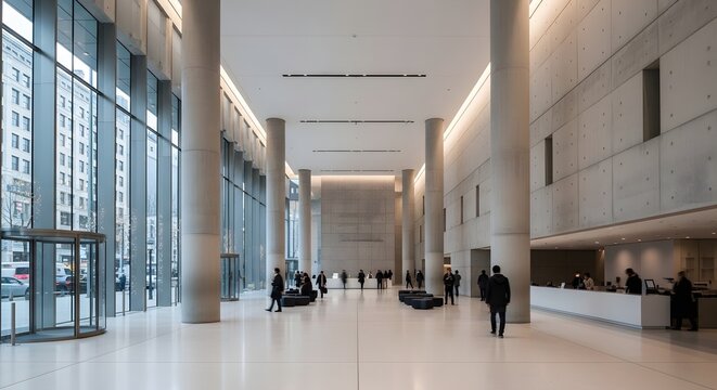 Modern Office Building Lobby with People and Architectural Details