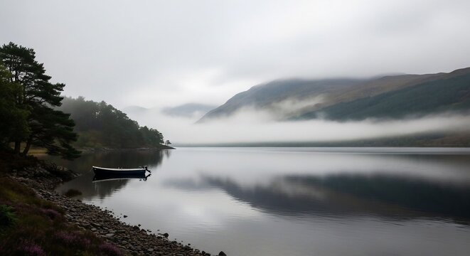 Lake boat foggy landscape