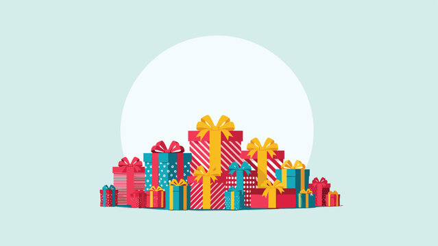Large pile of colorful gift boxes with ribbons and bows on a light blue background for birthday and holiday celebrations.