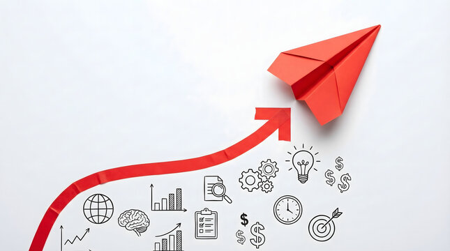 Red paper airplane flying upwards following a growth arrow with many business and idea ico