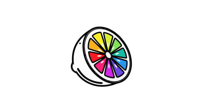 A stylized, black-outlined lemon half reveals a rainbow of colorful segments