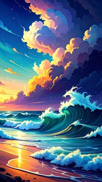 Colorful depiction of a sunlit beach with foamy waves rolling toward the shore under a vibrant, cloud-filled sky during a sunset