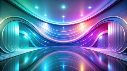 Fototapeta premium Abstract Futuristic Interior Design Swirling Metal Walls, Vibrant Neon Lighting, and Reflective Floor in a Modern Architectural Space