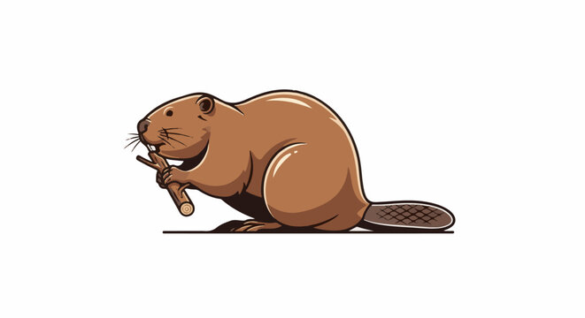 Cute brown beaver with buck teeth gnawing on a small branch