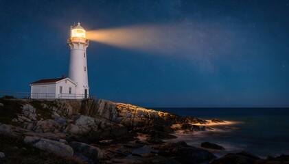 Obraz premium Stunning white lighthouse beam shines brightly against the deep blue night sky, perched on a rocky coast, guiding ships across the dark, vast ocean expanse