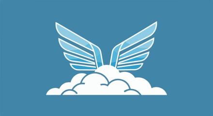 Obraz premium Stylized blue wings emerge from white clouds on a solid blue background