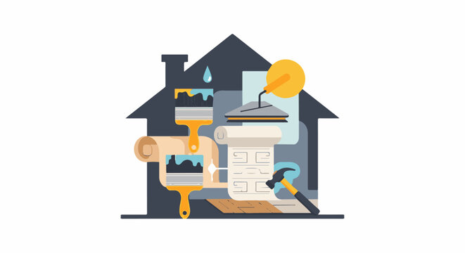House renovation illustration with tools and blueprints for home improvement