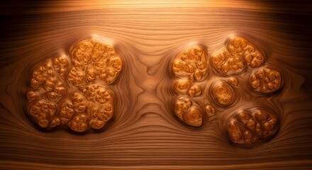 Fototapeta premium A close-up view of walnuts on a wooden surface with warm lighting
