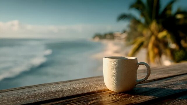 Spring Summer outdoor leisure relaxation activity. A serene beach scene captured during the golden hour. A white ceramic mug with a speckled texture sits on a weathered wooden surface.