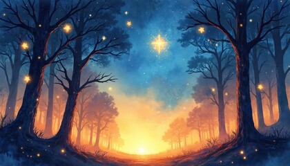 Obraz premium Fantasy forest at twilight with glowing stars on trees and in sky. Warm orange light illuminates dark trees and ground. Mystical atmosphere with magical feeling.