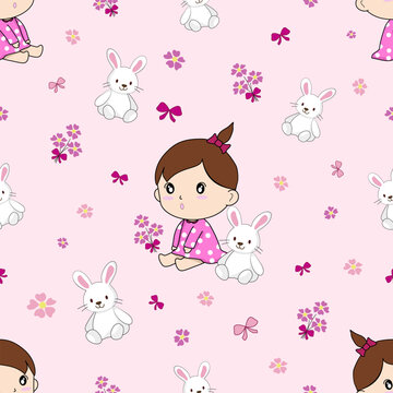 Cute Baby Girl and Bunny Seamless Pattern for Nursery Fabric