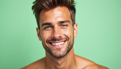 Naklejka premium Man smiles with tanned skin and blue eyes. He has short brown hair and stubble. Studio portrait shows male model against plain green backdrop for beauty ads.
