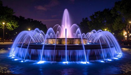 Fototapeta premium A nighttime scene of a large illuminated fountain