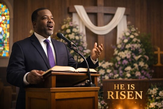 A man in a suit speaks at a church podium with a cross and flowers in the background