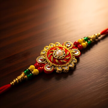 A traditional indian rakhi bracelet featuring intricate red and gold design on a wooden surface