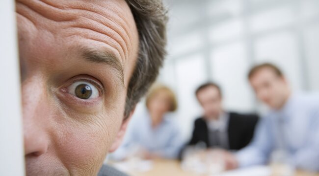 A businessman looks out from behind a wall in an office meeting room. He watches his colleagues at the table with a curious expression and wide eyes