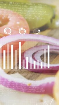 Vertical video: Red onion ring holding focus while HUD overlays fading in tracking food assembly