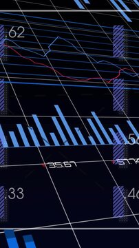 Vertical video: Tilted grid initiating pan, data dashboard rotating, charts updating to show trends