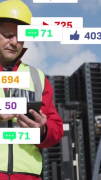 Vertical video: Site worker tapping phone causing alerts popping and counts rising checking mail
