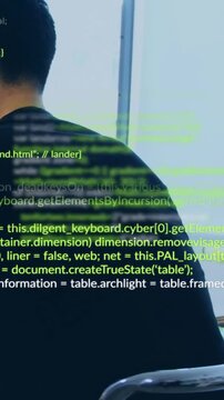 Vertical video: Code overlay appearing, causing seated Asian dev leaning, turning, reading to debug