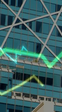 Vertical video: Cyan,yellow appearing left, neon lines traveling across glass facade showing trends