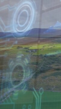 Vertical video: Rural scene steady neon circuit drifting across window on start for tech mapping