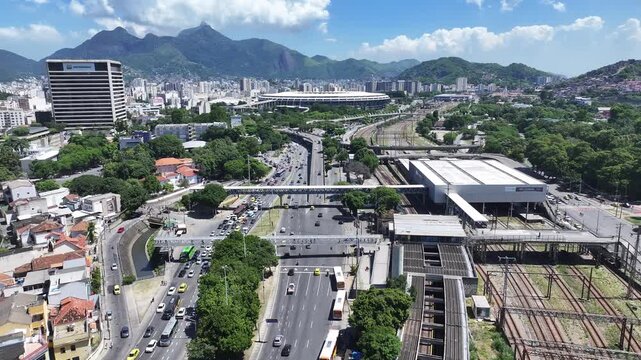 Maracana Stadium In Rio De Janeiro Brazil. Modern Football Stadium Overlooking A Dense Downtown City. Business Sky Background Downtown Cityscape. Backgrounds Up Above. Rio de Janeiro Brazil.